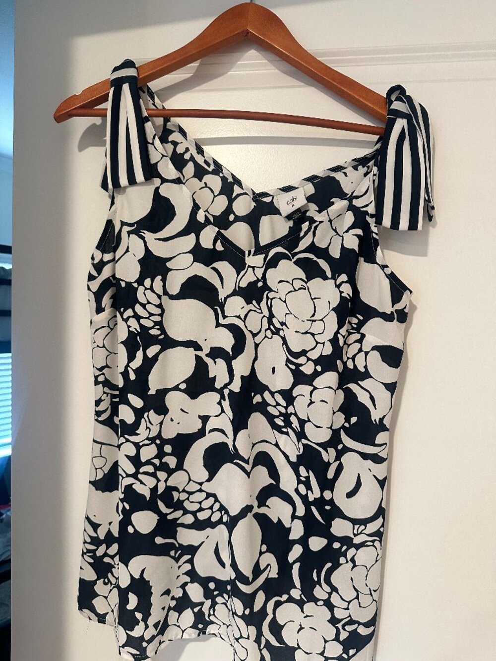 CAbi Women's Summer Blouse Top with Bows Dark Blue and White